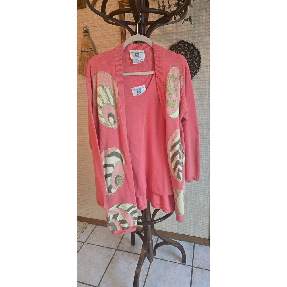 Anne Klein Knitwear Vintage Coral Pink Shell Cardigan and Tank Set Medium